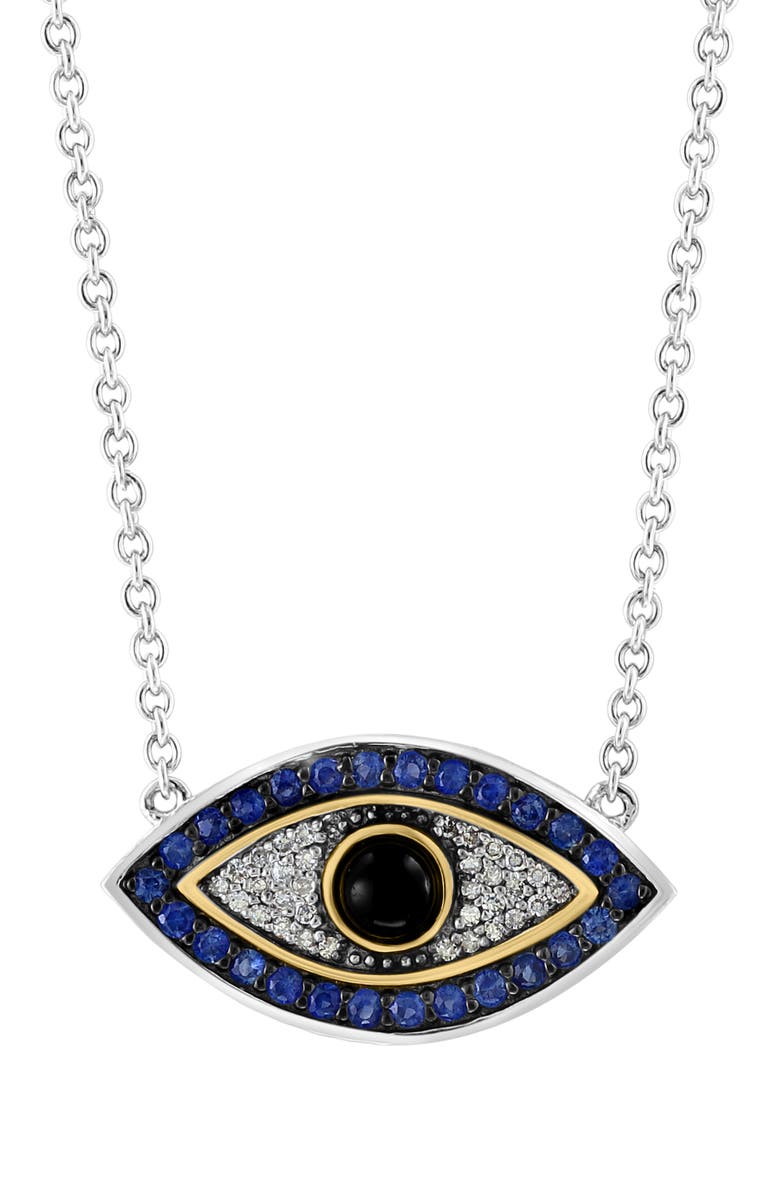 EFFY 14K Gold & Sterling Silver Onyx, Sapphire & Diamond Evil Eye Pendant Necklace - 0.09ct., Main, color,