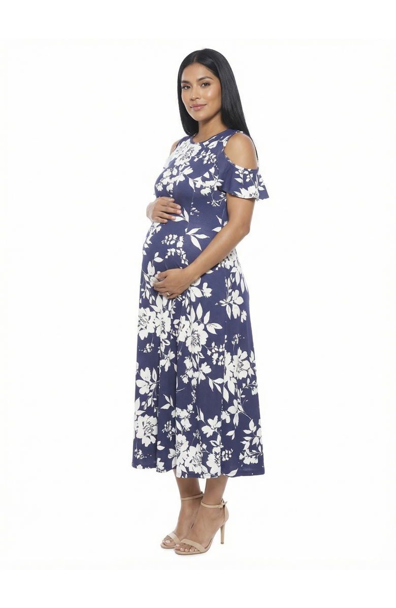 24seven Comfort Apparel Maternity Floral Ruffle Sleeve Cold Shoulder A-Line Maxi Dress, Alternate, color, Navy Multi