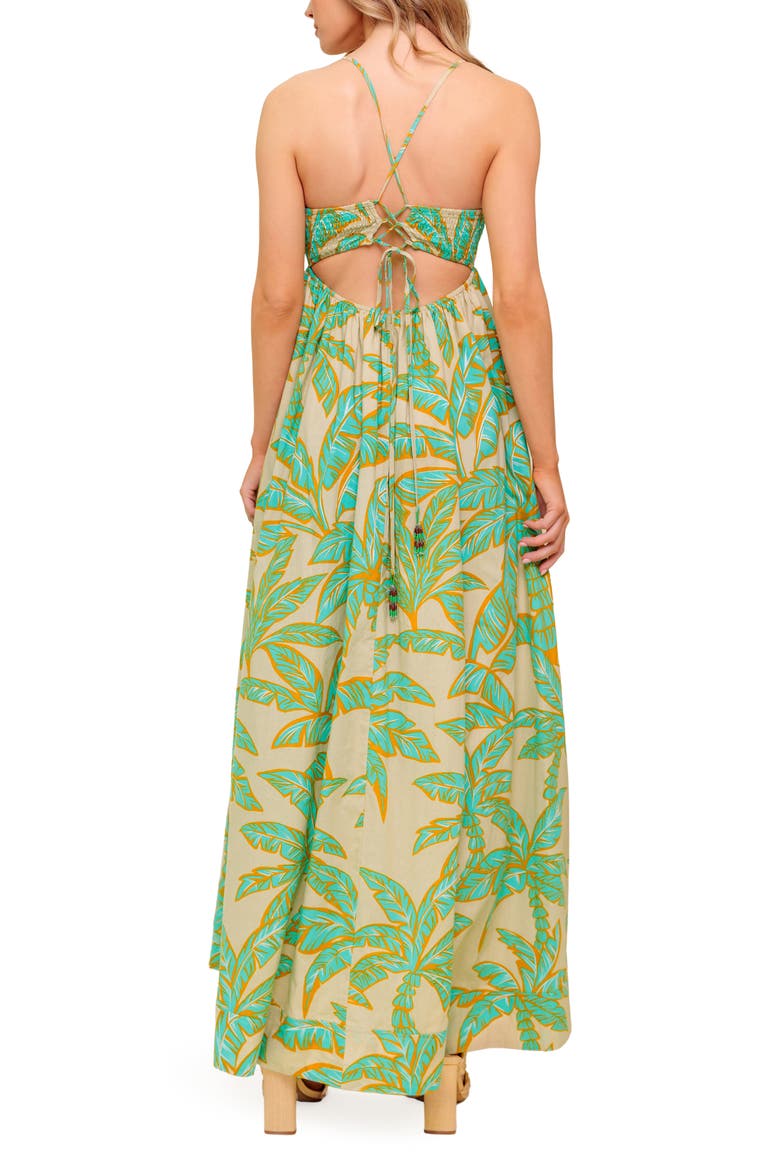 Frond Lace-Up Back Cotton Maxi Dress, Alternate, color, TAUPE/GREEN