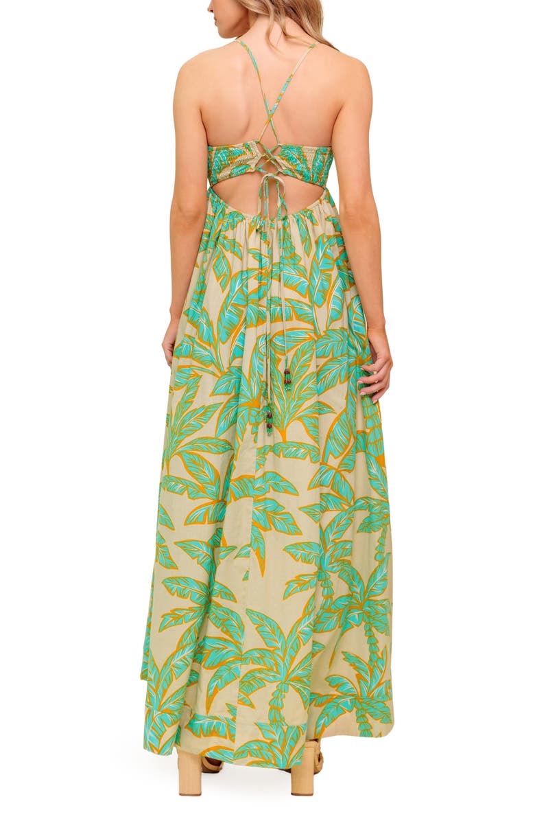 FLYING TOMATO Frond Lace-Up Back Cotton Maxi Dress, Alternate, color, Taupe/Green