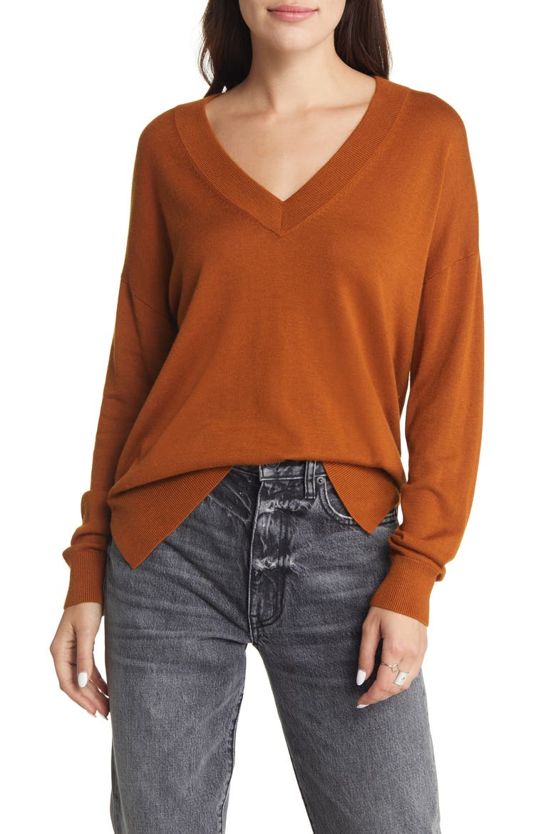 V-Neck Sweater, Main, color, RUST CARMEL