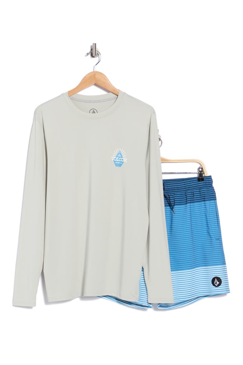 Long Sleeve Rashguard & Board Shorts Set, Alternate, color, STORM GREEN