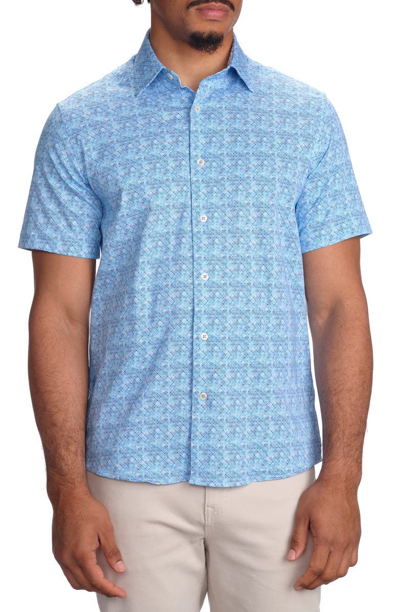 STUDIO GARNET LOS ANGELES Blue Square Print Short Sleeve Stretch Cotton Button-Up Shirt, Main, color, Blue