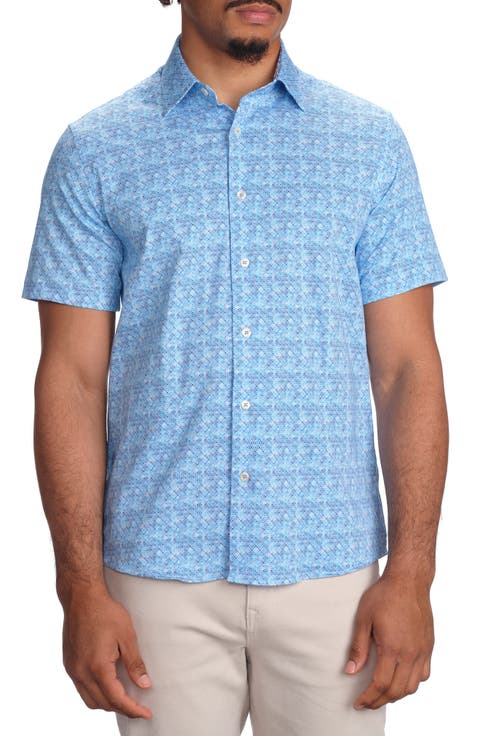 Blue Square Print Short Sleeve Stretch Cotton Button-Up Shirt