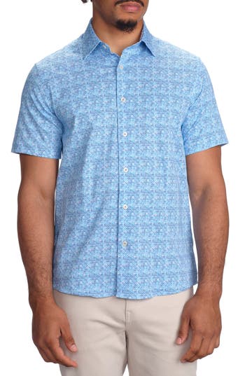 Studio Garnet Los Angeles Blue Square Print Short Sleeve Stretch Cotton Button-up Shirt In Blue