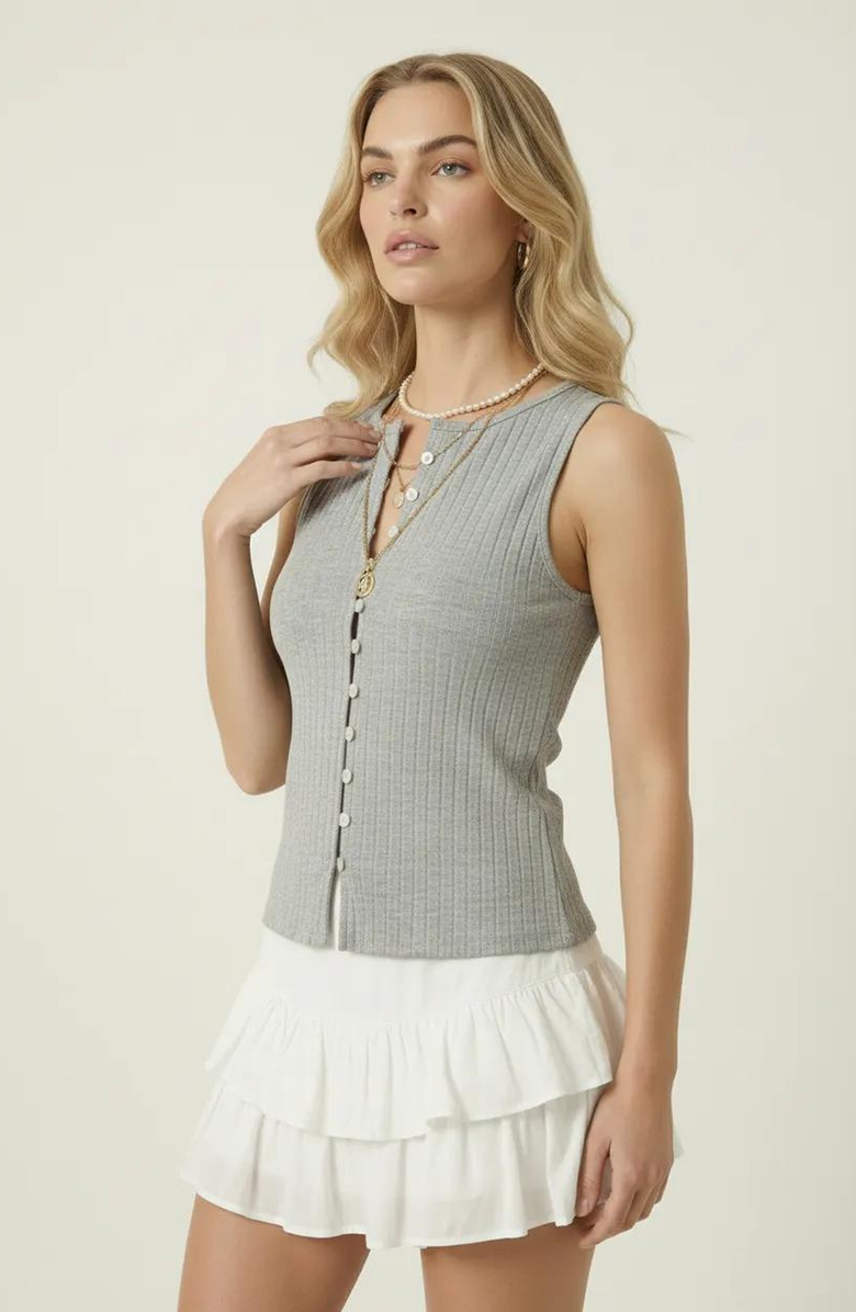 Modenaire Sleeveless Ribbed Knit Top with Off-Center Button Front Detail, Alternate, color, Gray