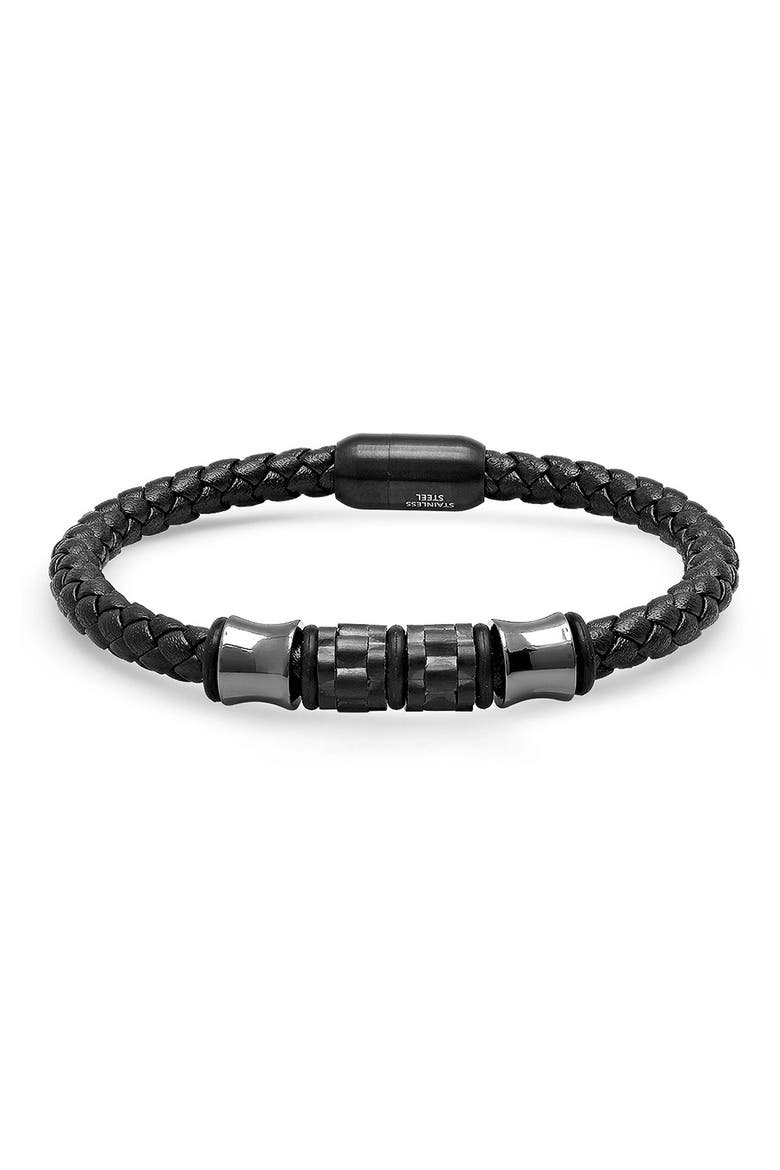 Men's Braided Leather Bracelet, Main, color, BLACK