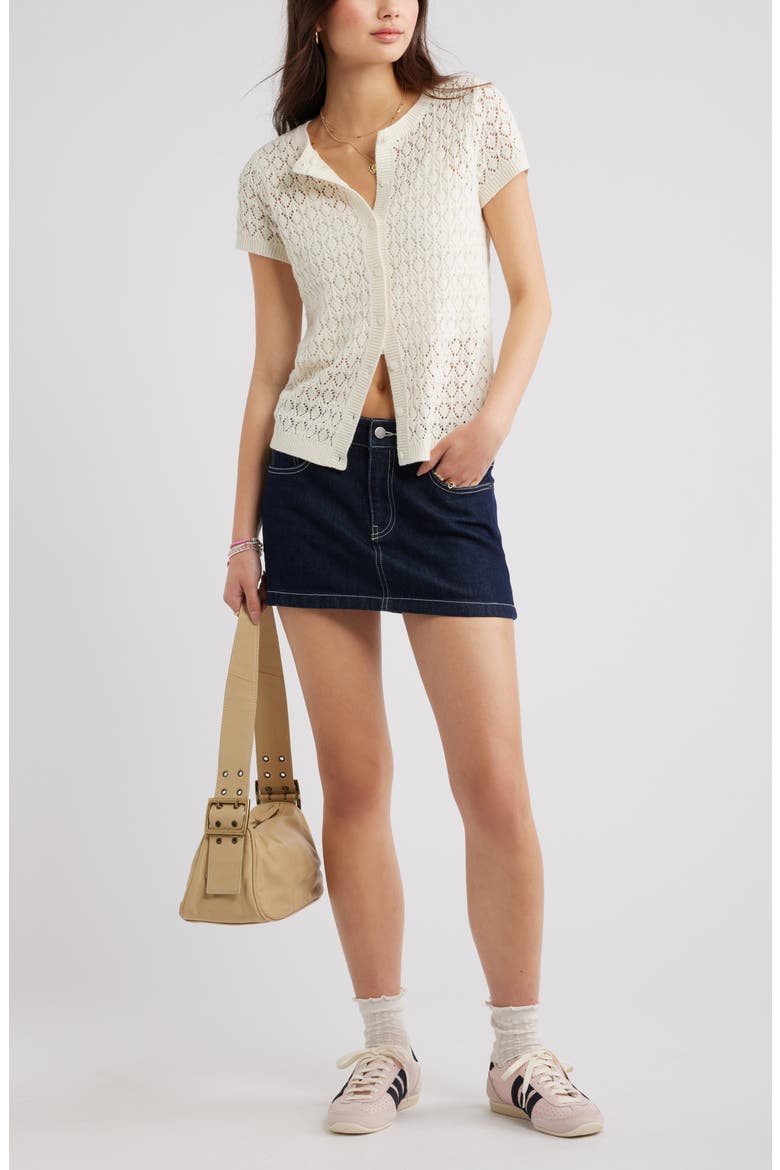 Pointelle Short Sleeve Cardigan, Alternate, color, IVORY ANTIQUE