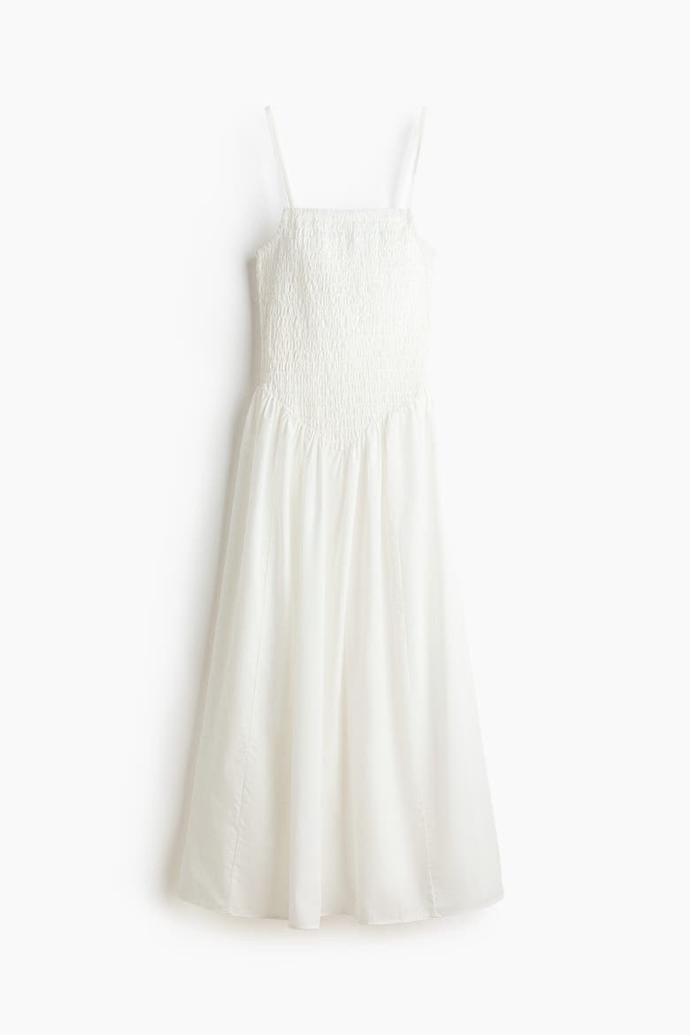 Smocked Flared-skirt Dress, Alternate, color, White