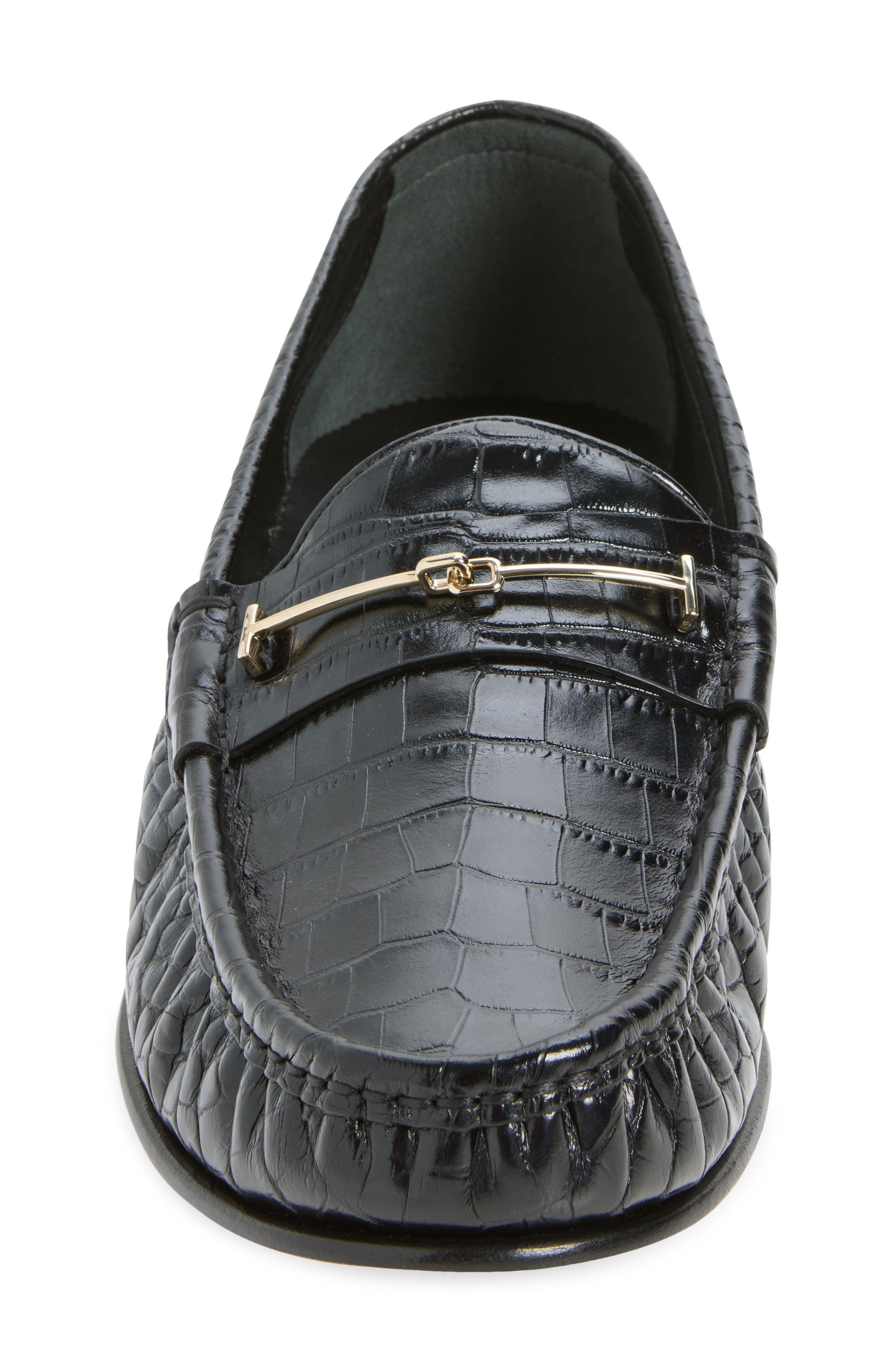 Double-T Hardware Shiny Croc Embossed Loafer, Alternate, color, NAA BLACK