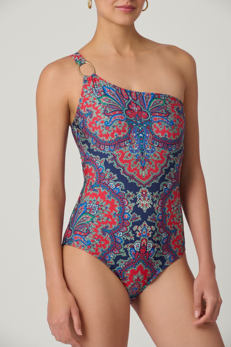Bateau Medallion Print Ring One Shoulder One-Piece, Alternate, color, Navy/Multi