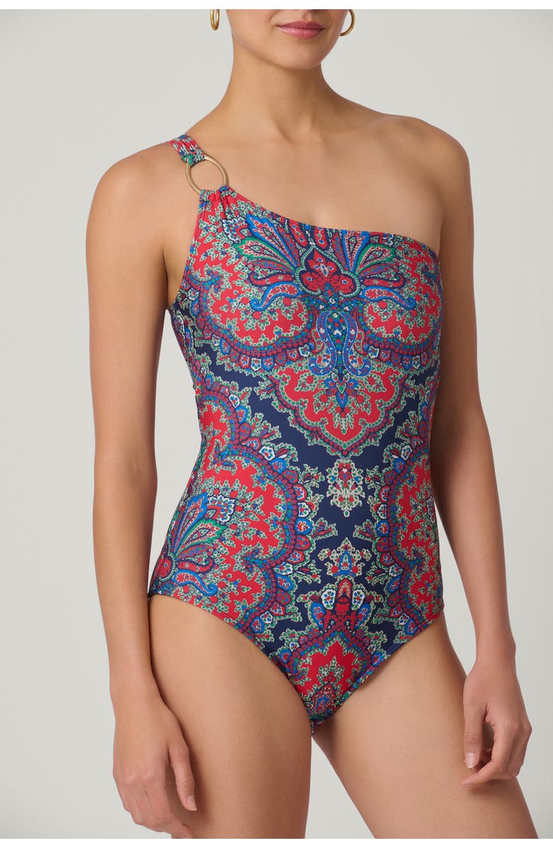 Shoshanna Bateau Medallion Print Ring One Shoulder One-Piece, Alternate, color, Navy/Multi