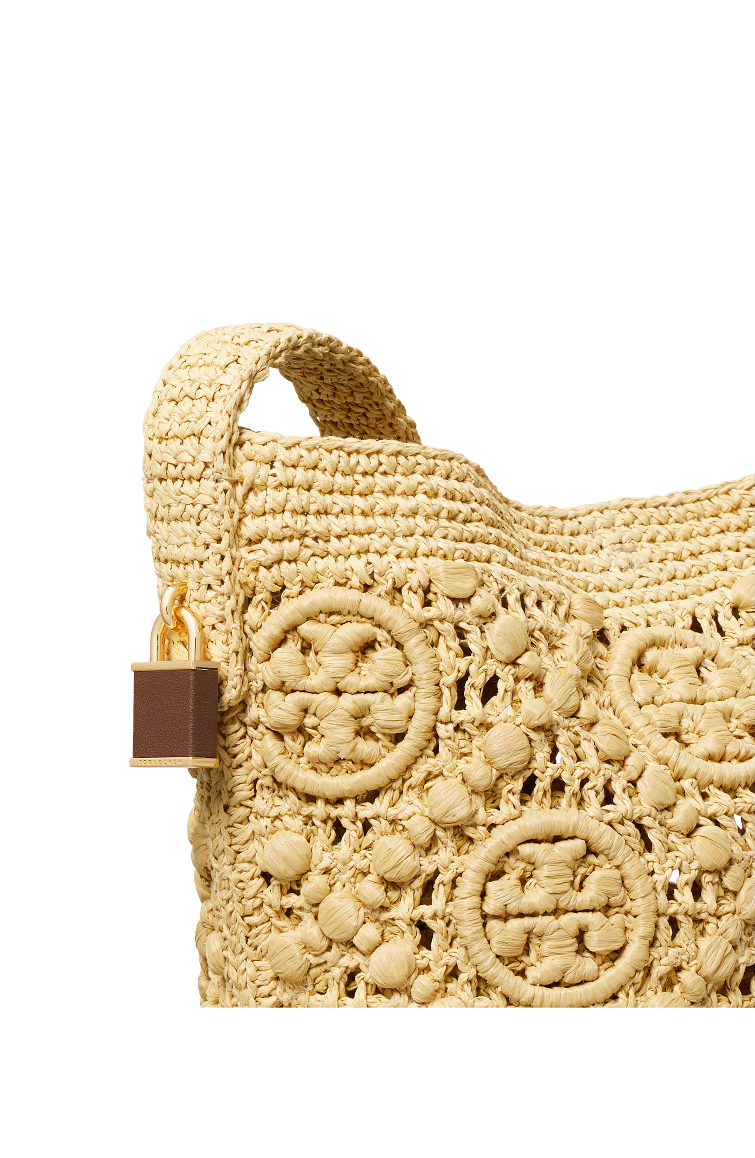 Lock T Monogram Crochet Slim Straw Shoulder Bag, Alternate, color, NATURAL