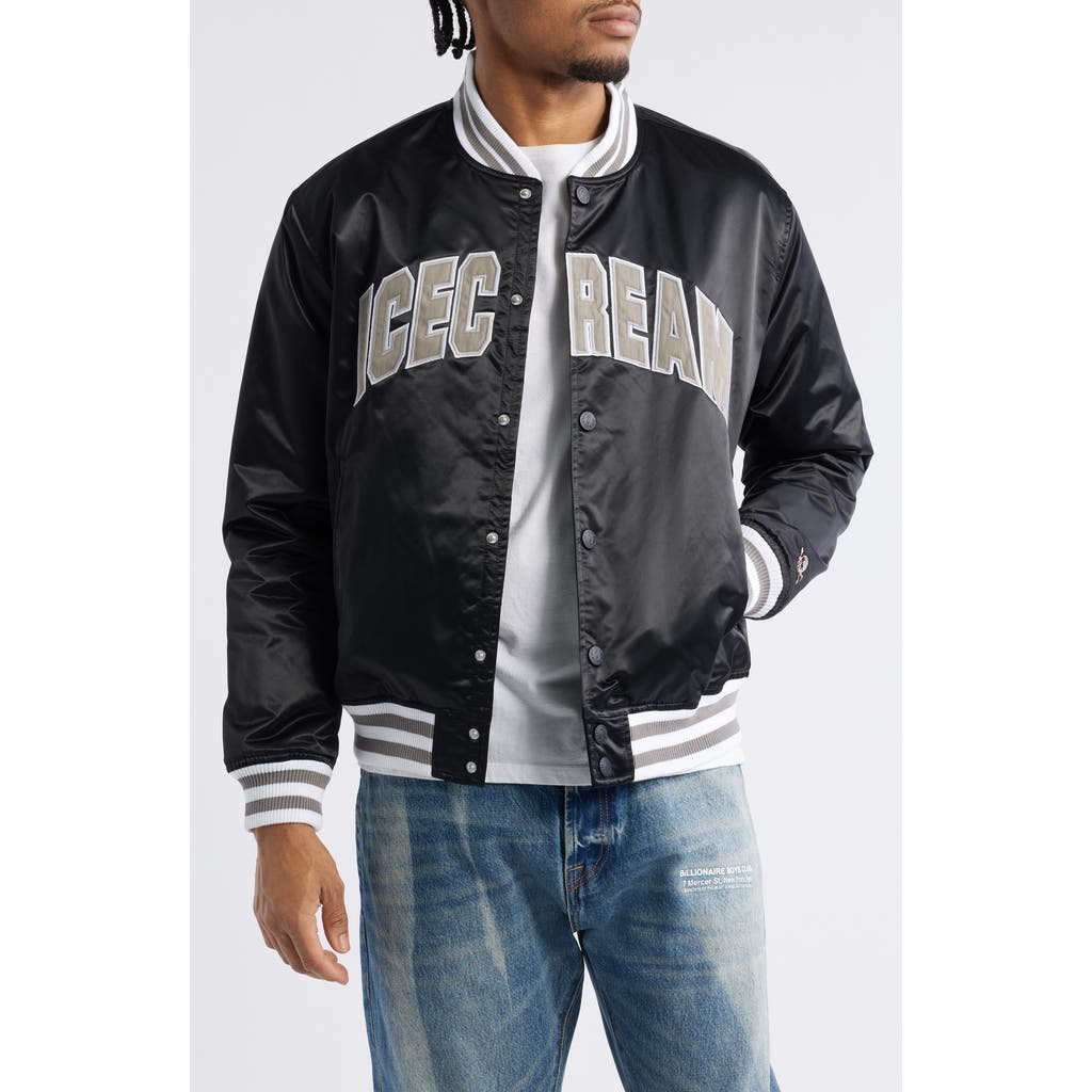Icecream University Satin Graphic Snap-up Jacket In Black