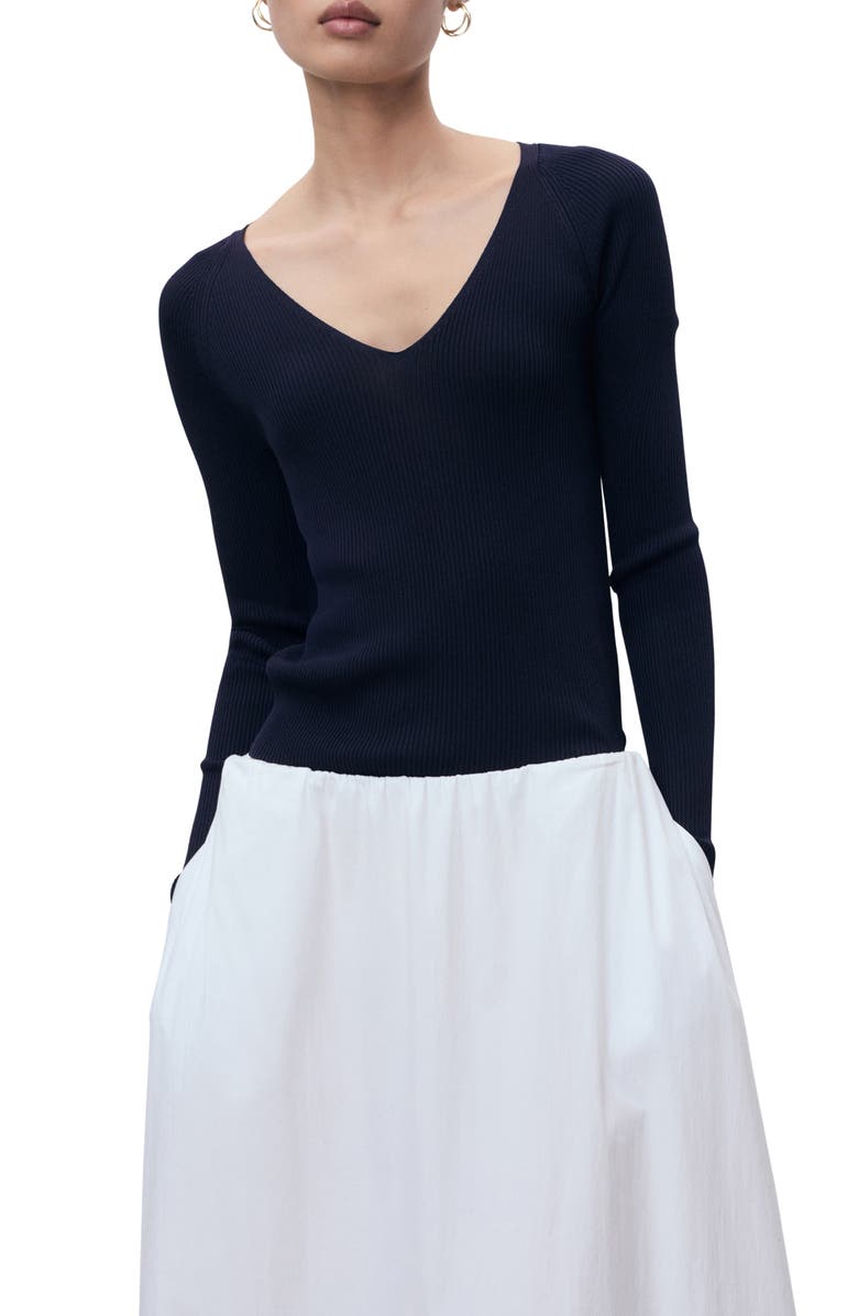 MANGO V-Neck Rib Knit Sweater, Main, color, Dark Navy