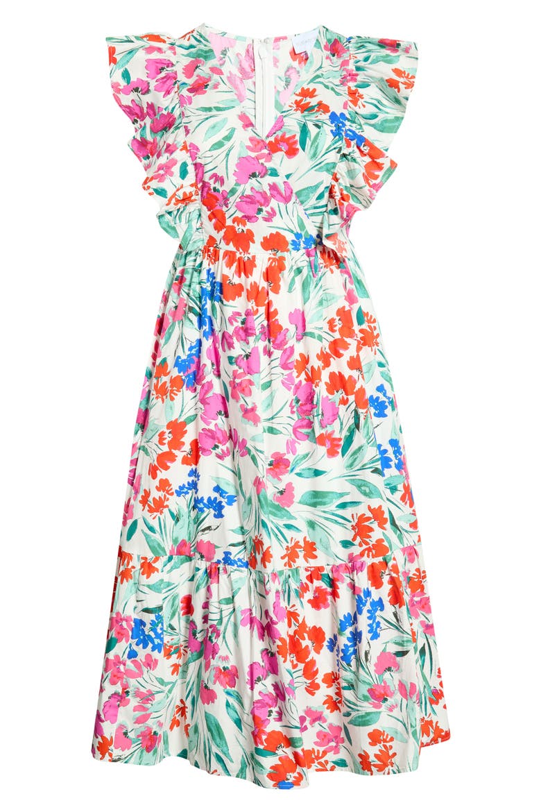 Kivia Smocked Floral Cotton Midi Dress, Alternate, color, WHT-RED-BLUE