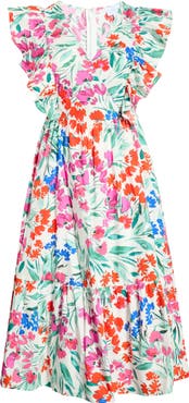 SUGARLIPS Kivia Smocked Floral Cotton Midi Dress
