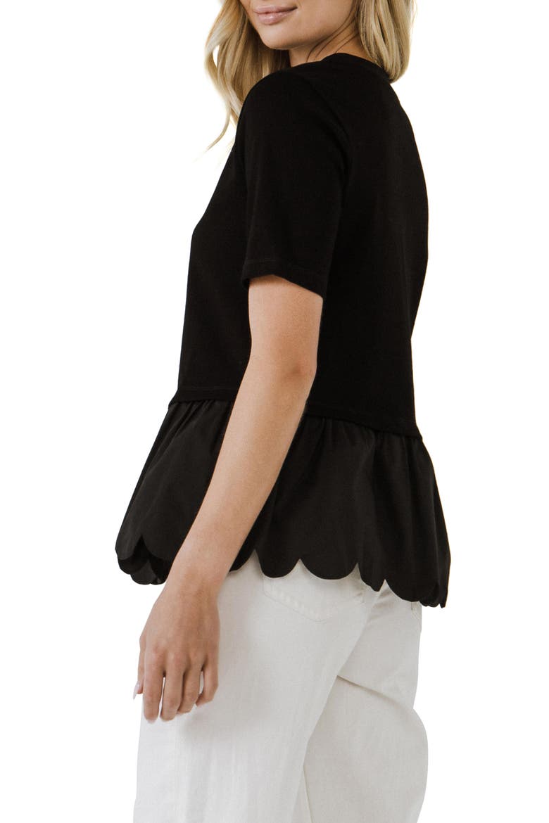 Mixed Media Scallop Peplum Cotton Top, Main, color, BLACK