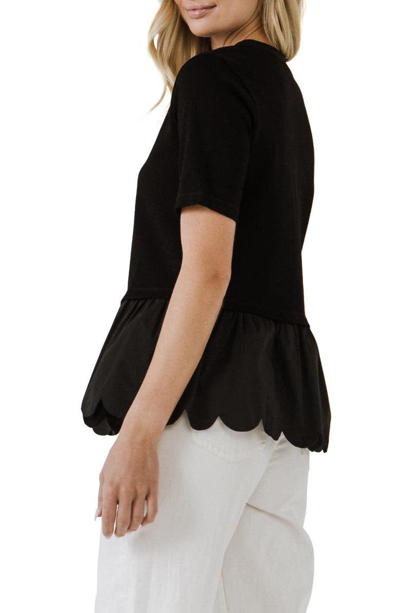 English Factory Mixed Media Scallop Peplum Cotton Top, Main, color, Black