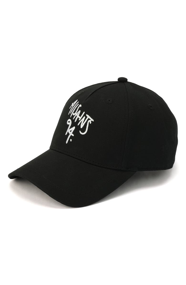 AllSaints Spray Logo Embroidered Baseball Cap, Main, color, Black