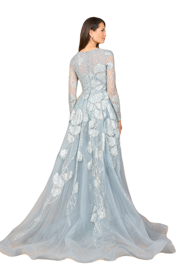 Long Sleeve Lace Gown with Overskirt, Alternate, color, Silver