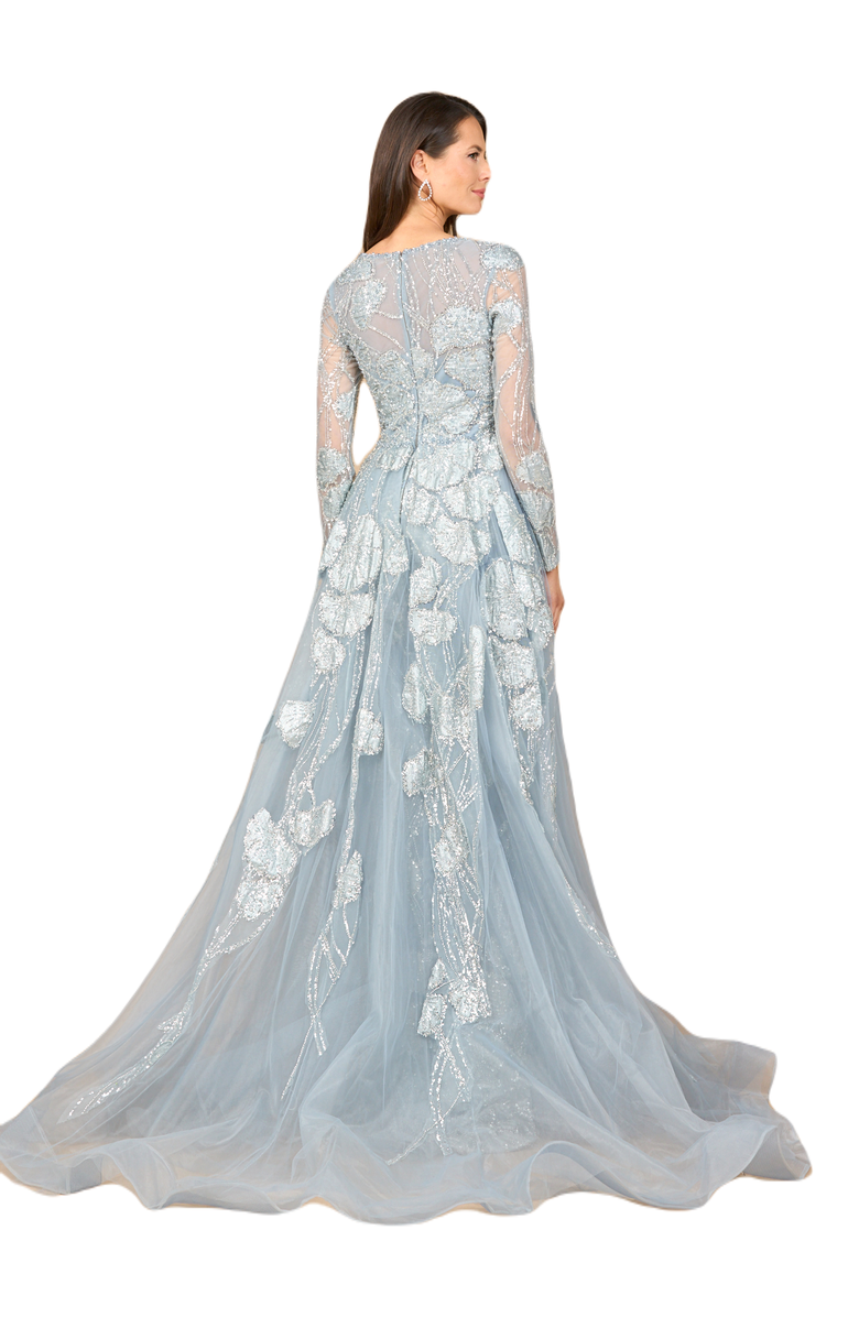 LARA New York Long Sleeve Lace Gown with Overskirt, Alternate, color, Silver