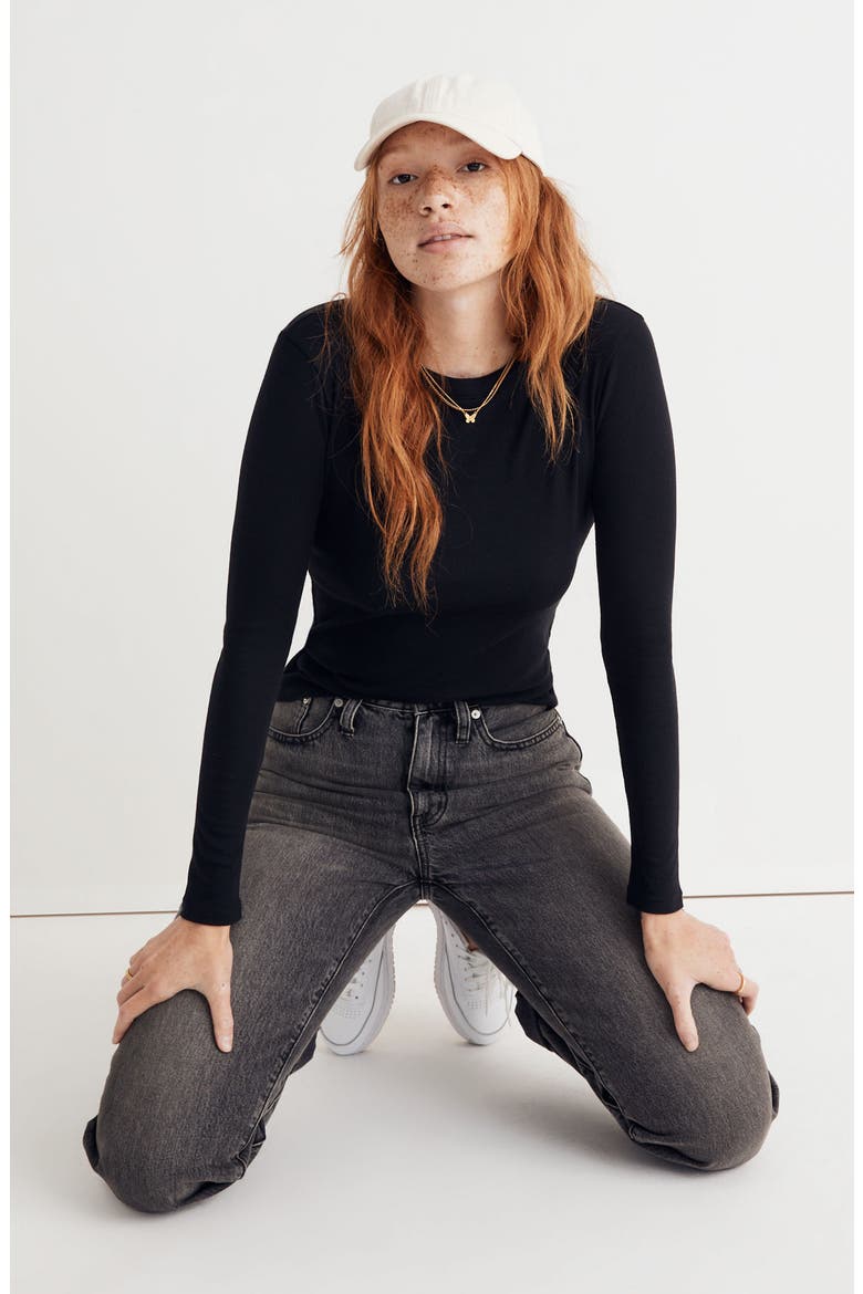 Fine Ribbed Crewneck Long Sleeve Tee, Alternate, color, TRUE BLACK