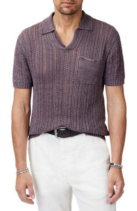 Odin Short Sleeve Textured Linen Johnny Collar Sweater