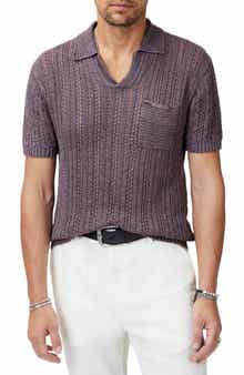 John Varvatos Odin Short Sleeve Textured Linen Johnny Collar Sweater