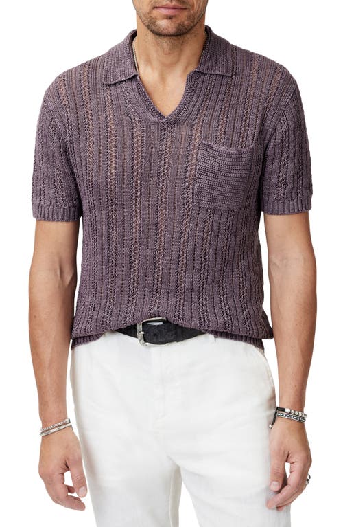 John Varvatos Odin Short Sleeve Textured Linen Johnny Collar Sweater In Plum