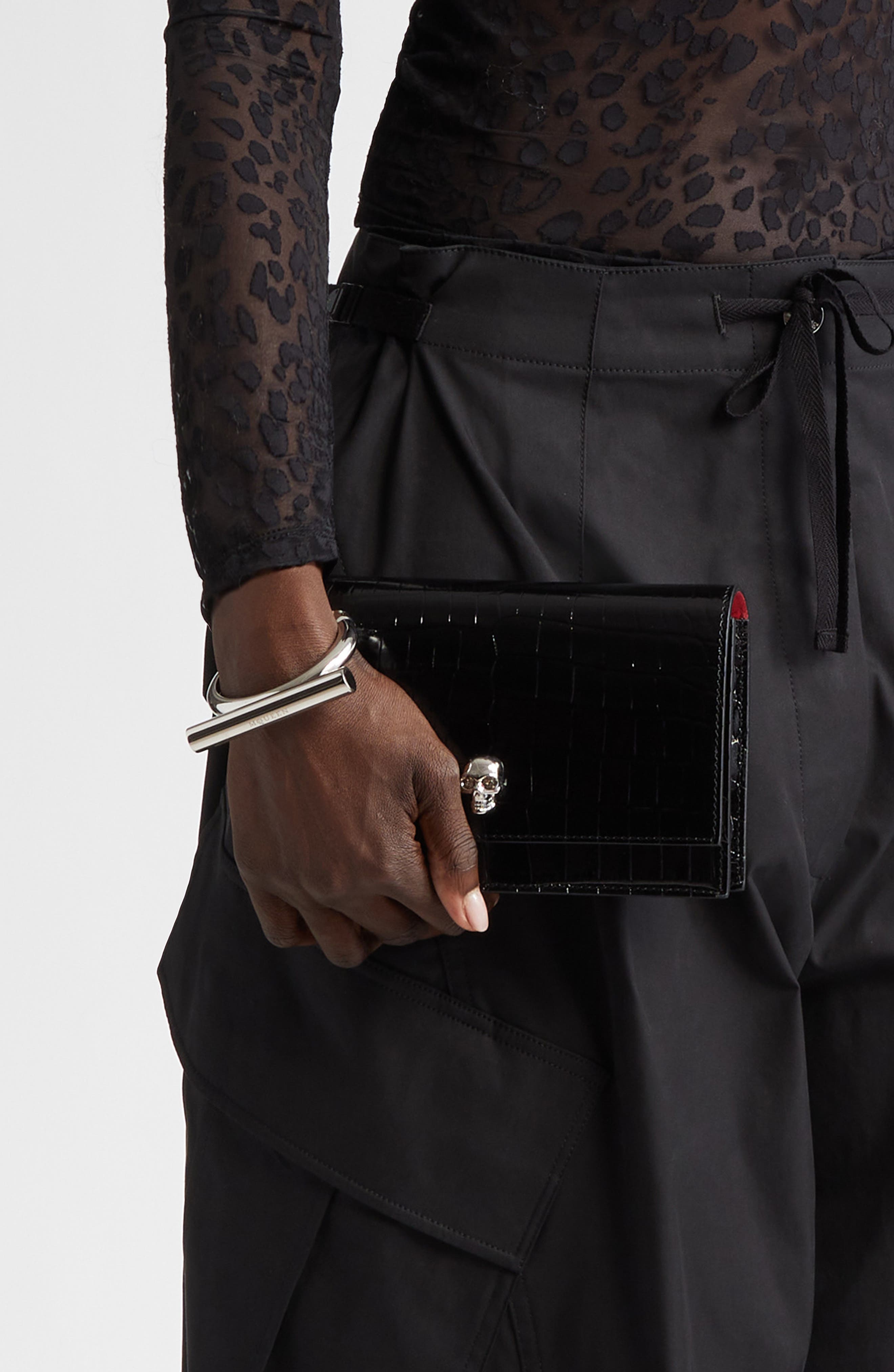 McQueen Alexander McQueen Mini Skull Croc Embossed Leather Shoulder Bag, Alternate, color, Black