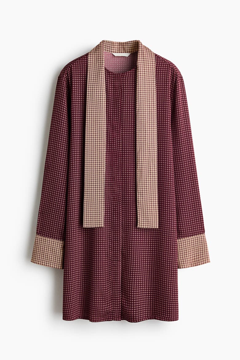 Scarf-collar Button-front Dress, Alternate, color, Dark plum red/patterned