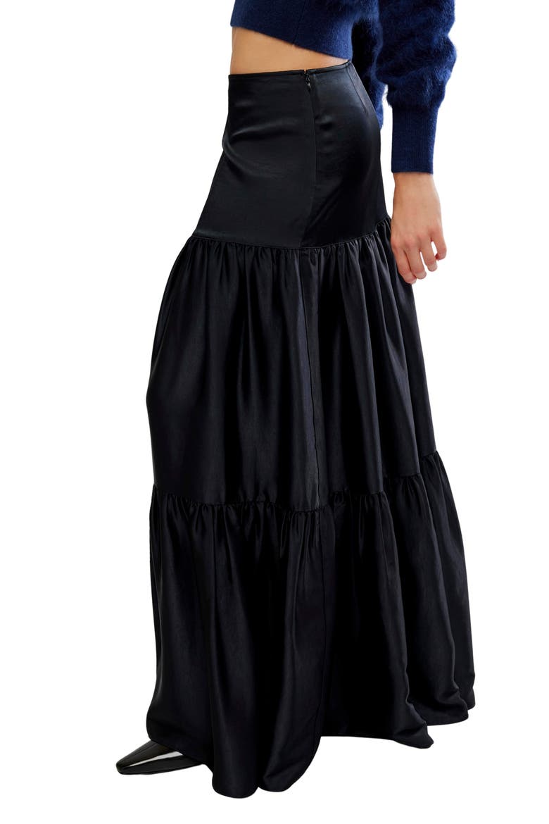Juliette Satin Tiered Maxi Skirt, Alternate, color, BLACK