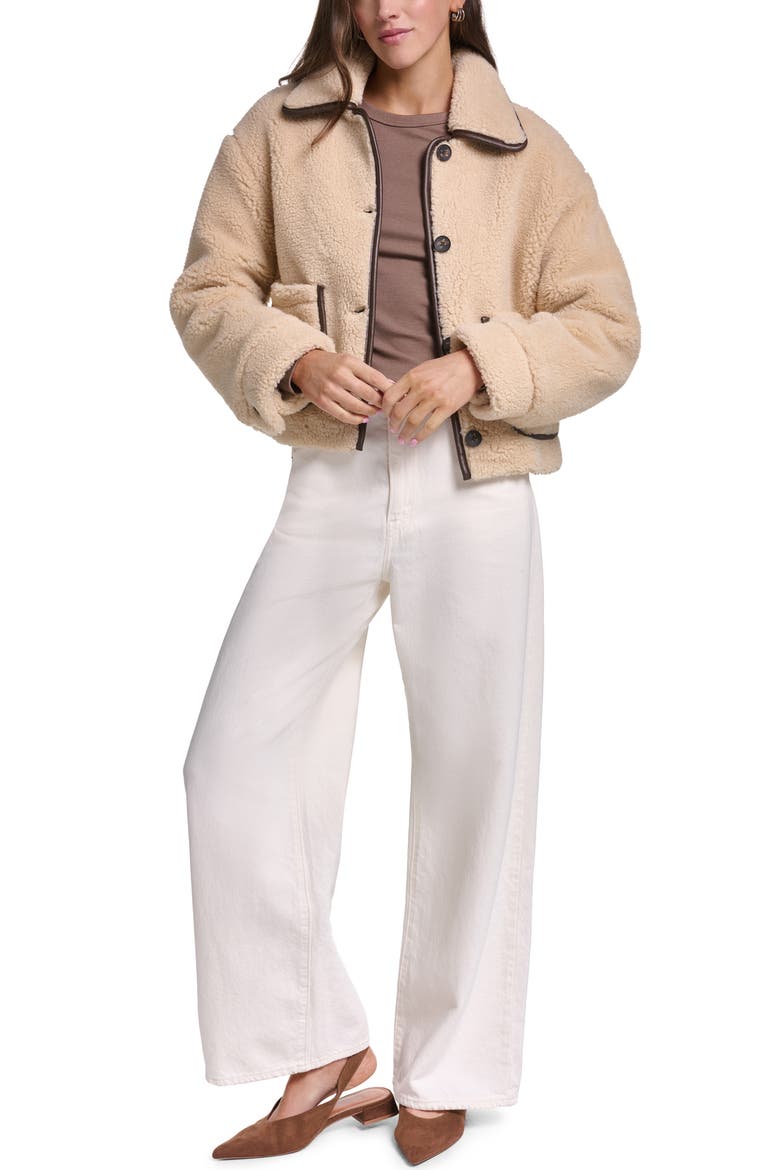Faux Fur Jacket with Faux Leather Trim, Alternate, color, CAMEL