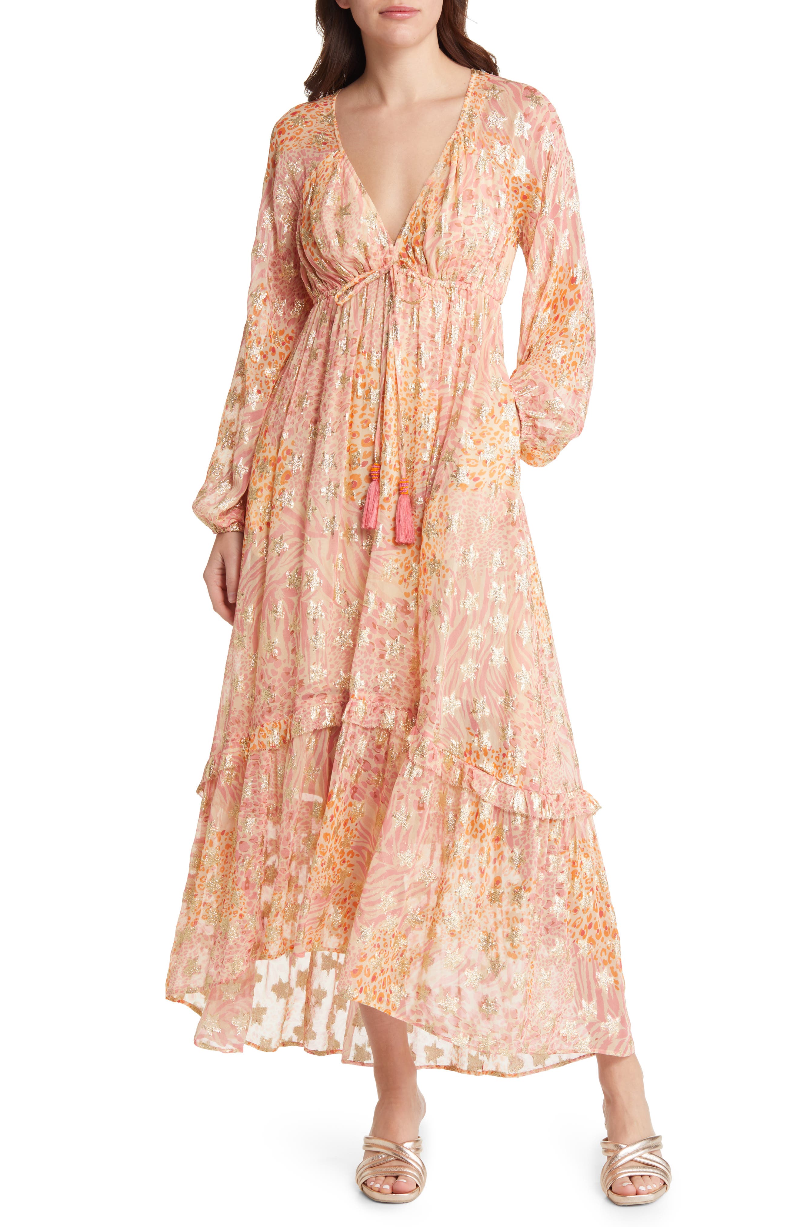 Crissta Metallic Print Long Sleeve Maxi Dress