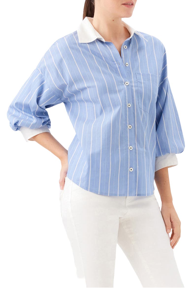 Stripe Lantern Sleeve Cotton Shirt, Alternate, color, BLUE WITH OFF WHITE