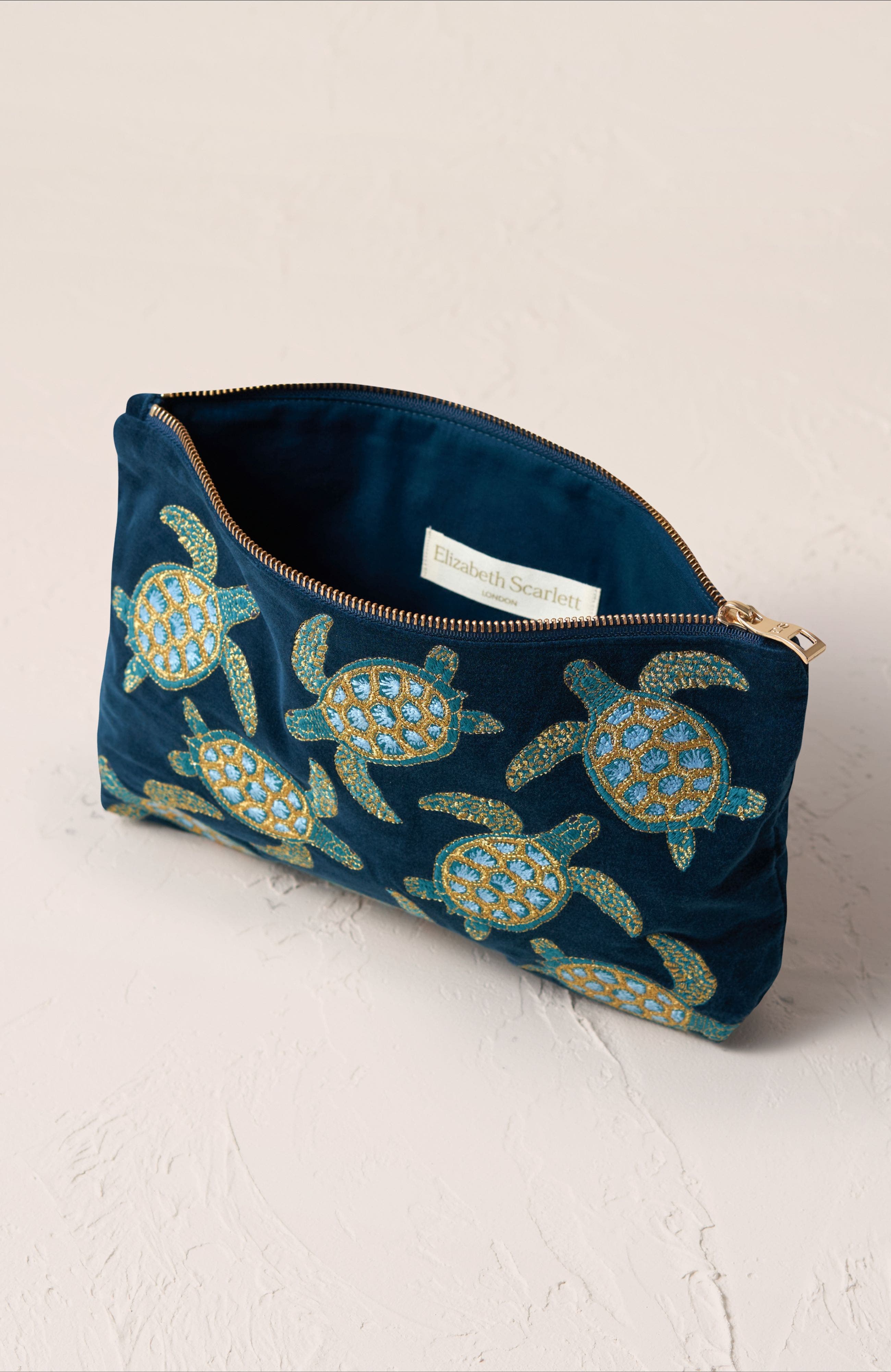 Elizabeth Scarlett Turtle Conservation Velvet Everyday Pouch, Alternate, color, Marine Navy
