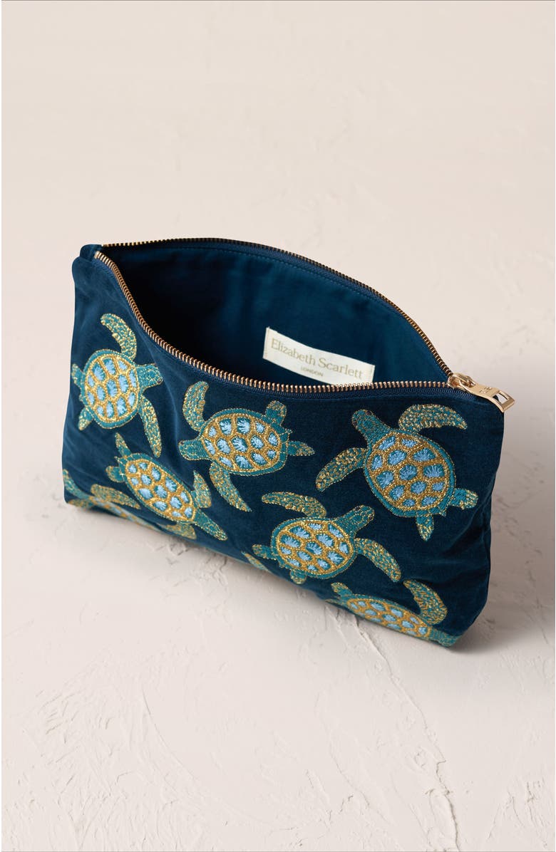 Elizabeth Scarlett Turtle Conservation Velvet Everyday Pouch, Alternate, color, Marine Navy