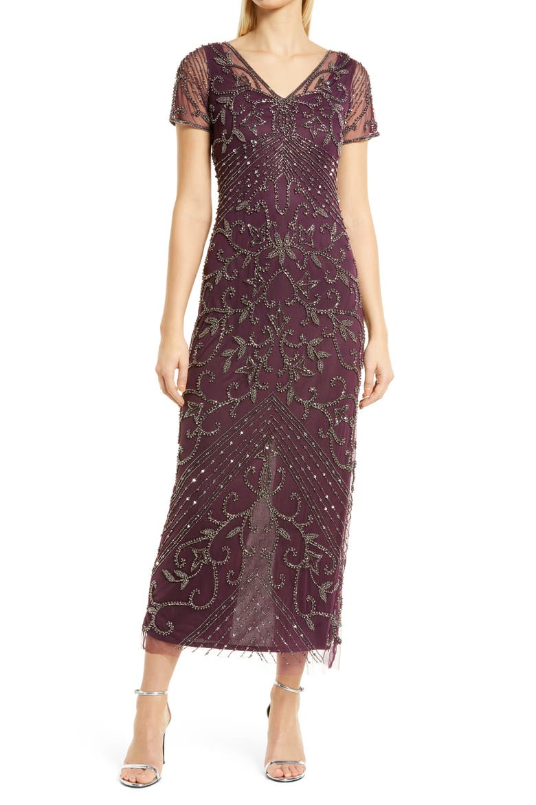 Beaded Mesh Column Gown, Main, color, WINE 601