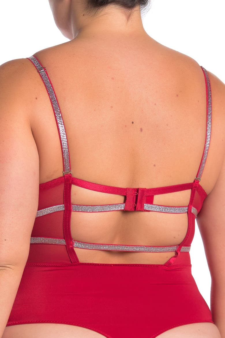 Lace Front Cutout Thong Bodysuit, Alternate, color, TANGO RED