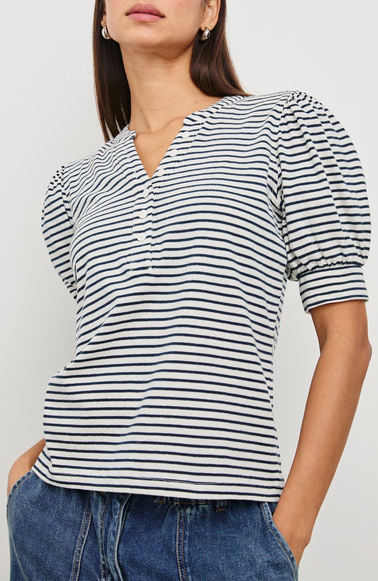 Rails Jewel Puff Sleeve Henley, Alternate, color, Ivory Navy Micro Stripe
