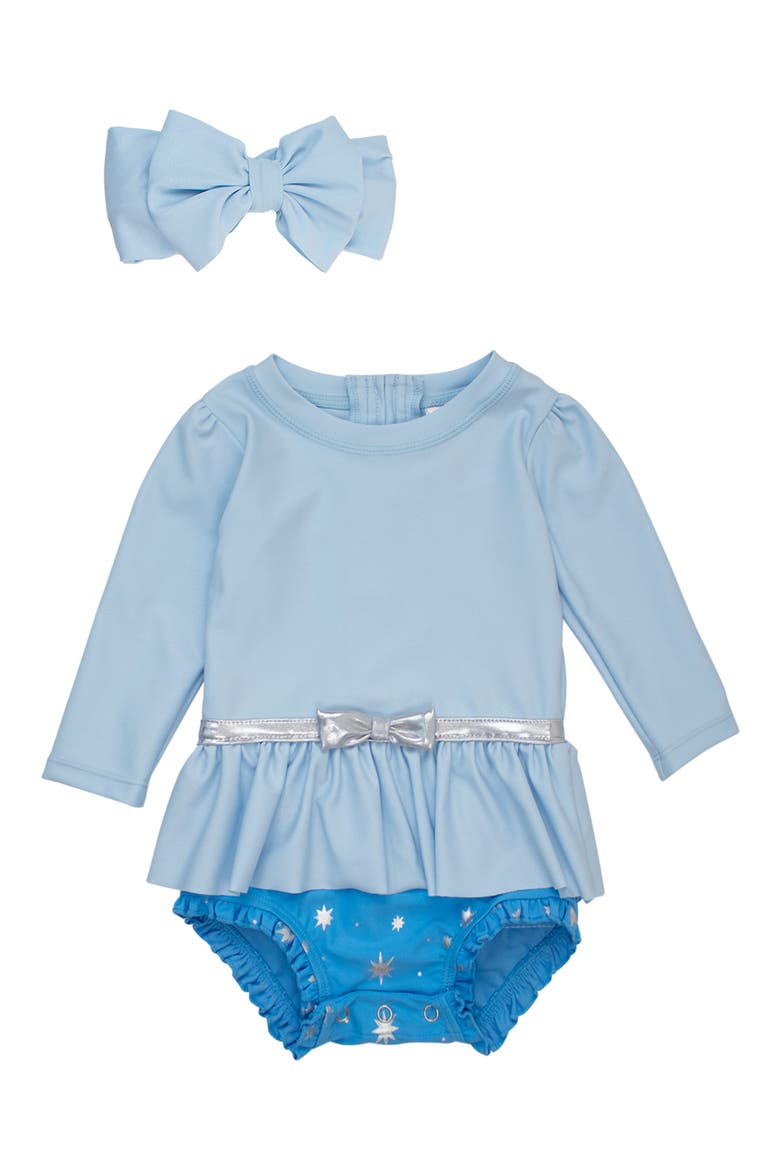 Princess One-Piece Rashguard Swimsuit & Bow Head Wrap Set, Main, color, BLUE