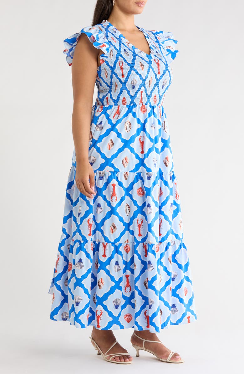 SUGARLIPS New Guinea Sunfire Tiered Midi Dress, Alternate, color, Whtblue-Multi