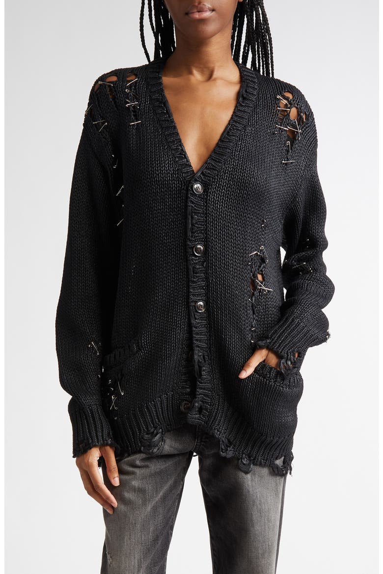 Distressed Oversize Cotton V-Neck Cardigan, Main, color, COATED BLACK