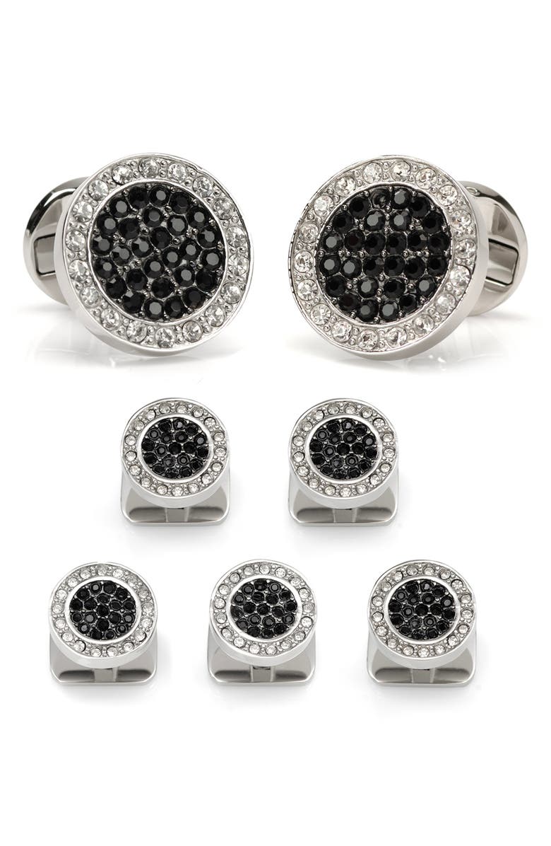 Cufflinks, Inc. Vincent De Paul White & Black Pave Crystals Cuff Links & Studs Set, Main, color, Silver/Black