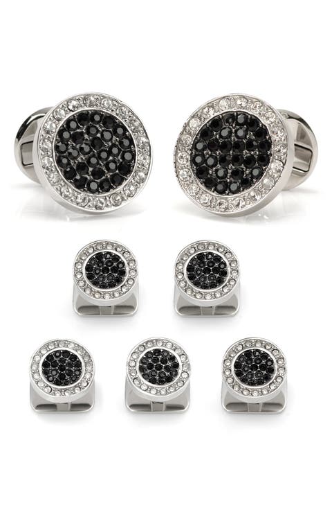 Vincent De Paul White & Black Pave Crystals Cuff Links & Studs Set