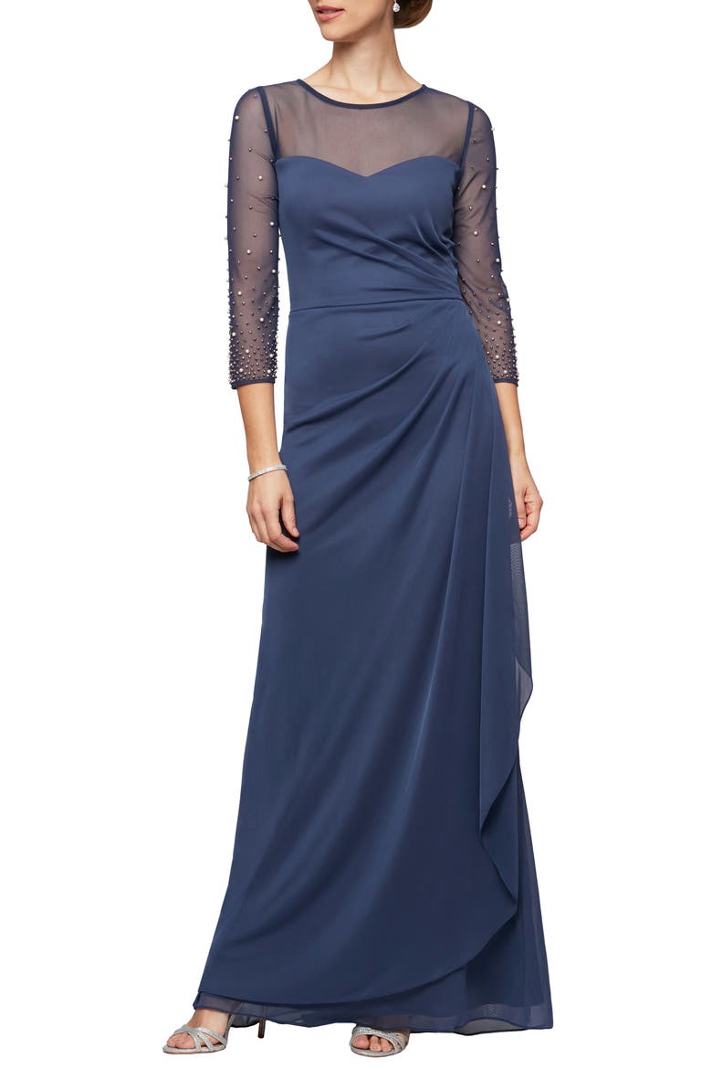 Illusion Lace Beaded Detail A-Line Gown, Main, color, WEDGEWOOD