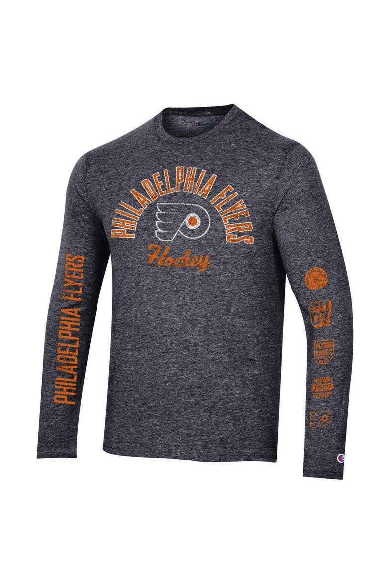Men's Champion Heather Black Philadelphia Flyers Multi-Logo Tri-Blend Long Sleeve T-Shirt, Alternate, color, Heather Black