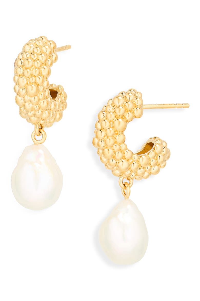 Small Baya Baroque Pearl Drop Hoop Earrings, Main, color, GOLD