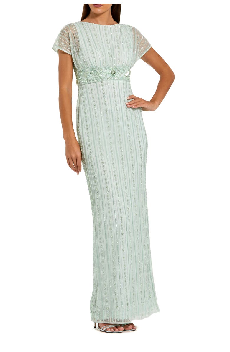 Mac Duggal Beaded Blouson Short Sleeve Column Gown, Main, color, Sage